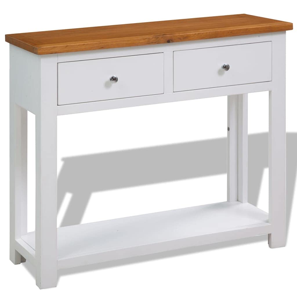 Solid Oak and Acacia Wood Console Table with Two Drawers and Shelf W580