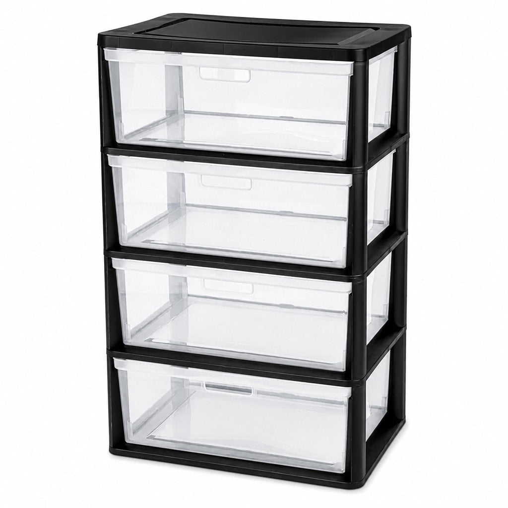 Black 4 Drawer Storage Organizer Tower with Clear Removable Bins B756