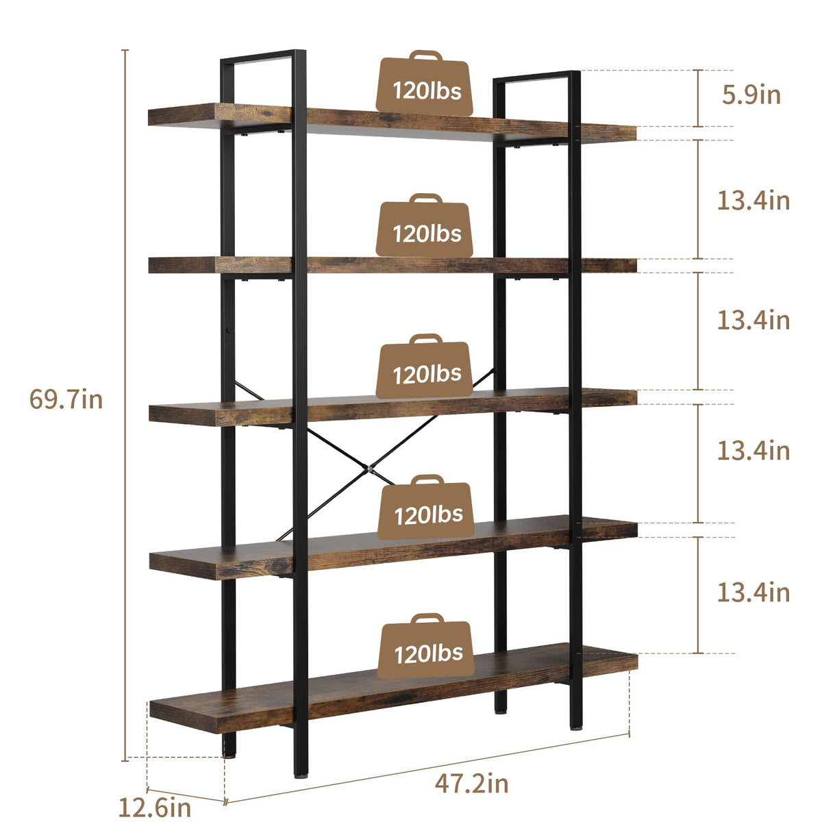 5 Tier Rustic Open Bookshelf S3273