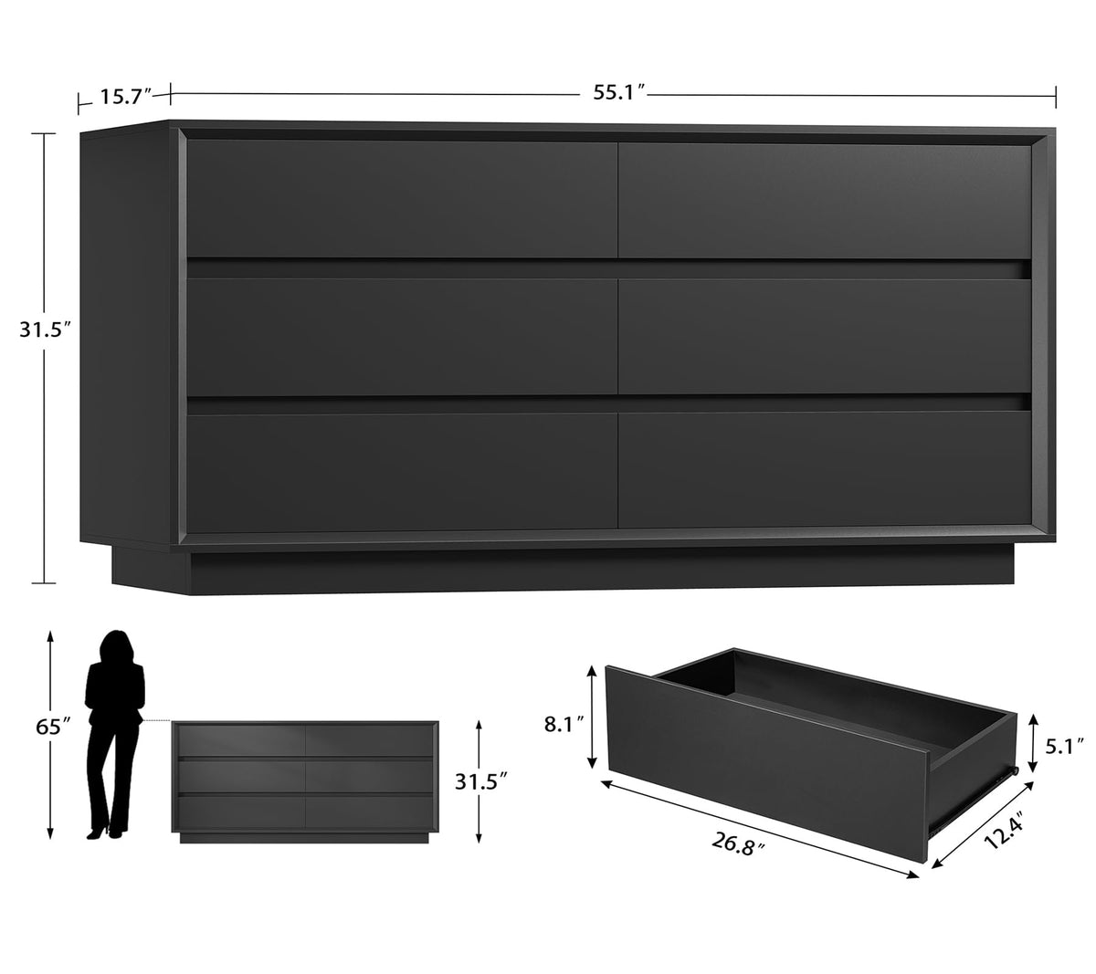 Black 6 Drawer Wood Dresser D35494