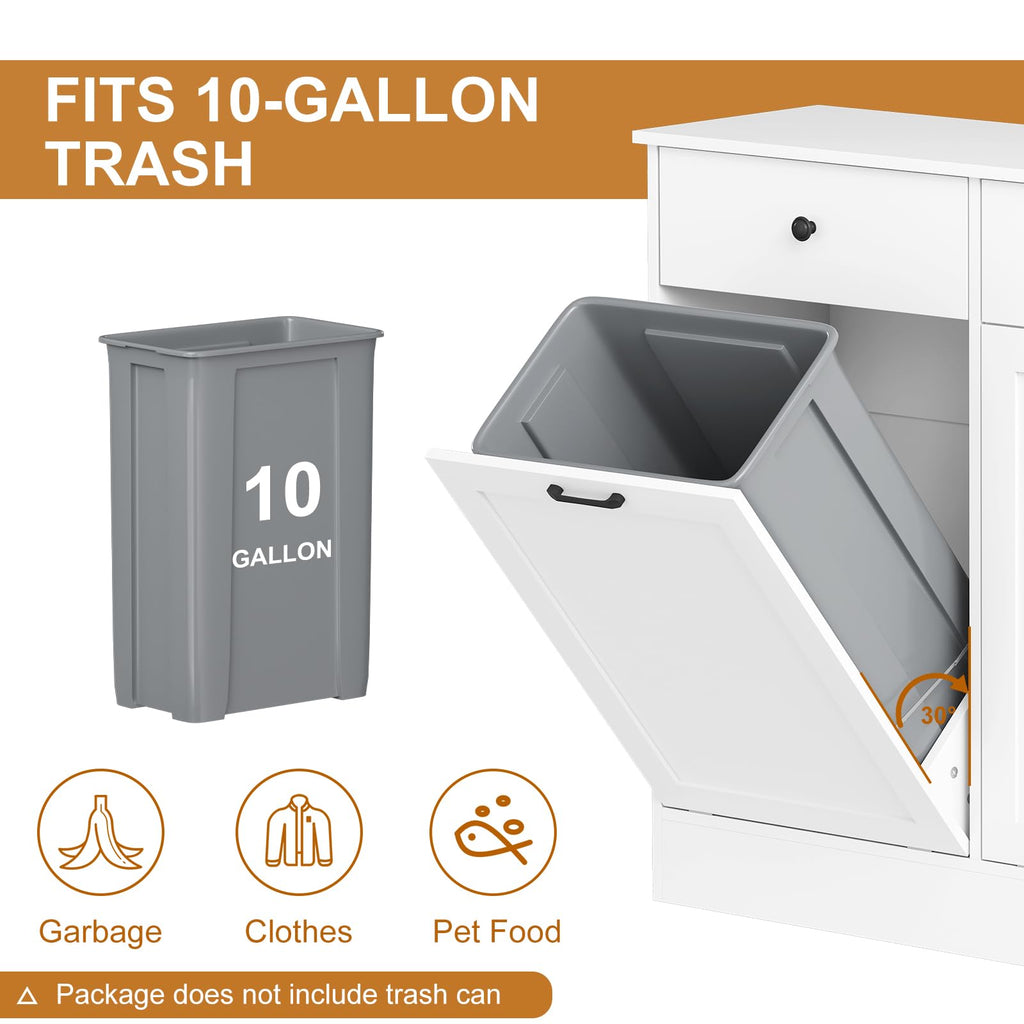 White 20 Gallons Wooden Tilt Out Trash Can Cabinet with 2 Drawers U52772