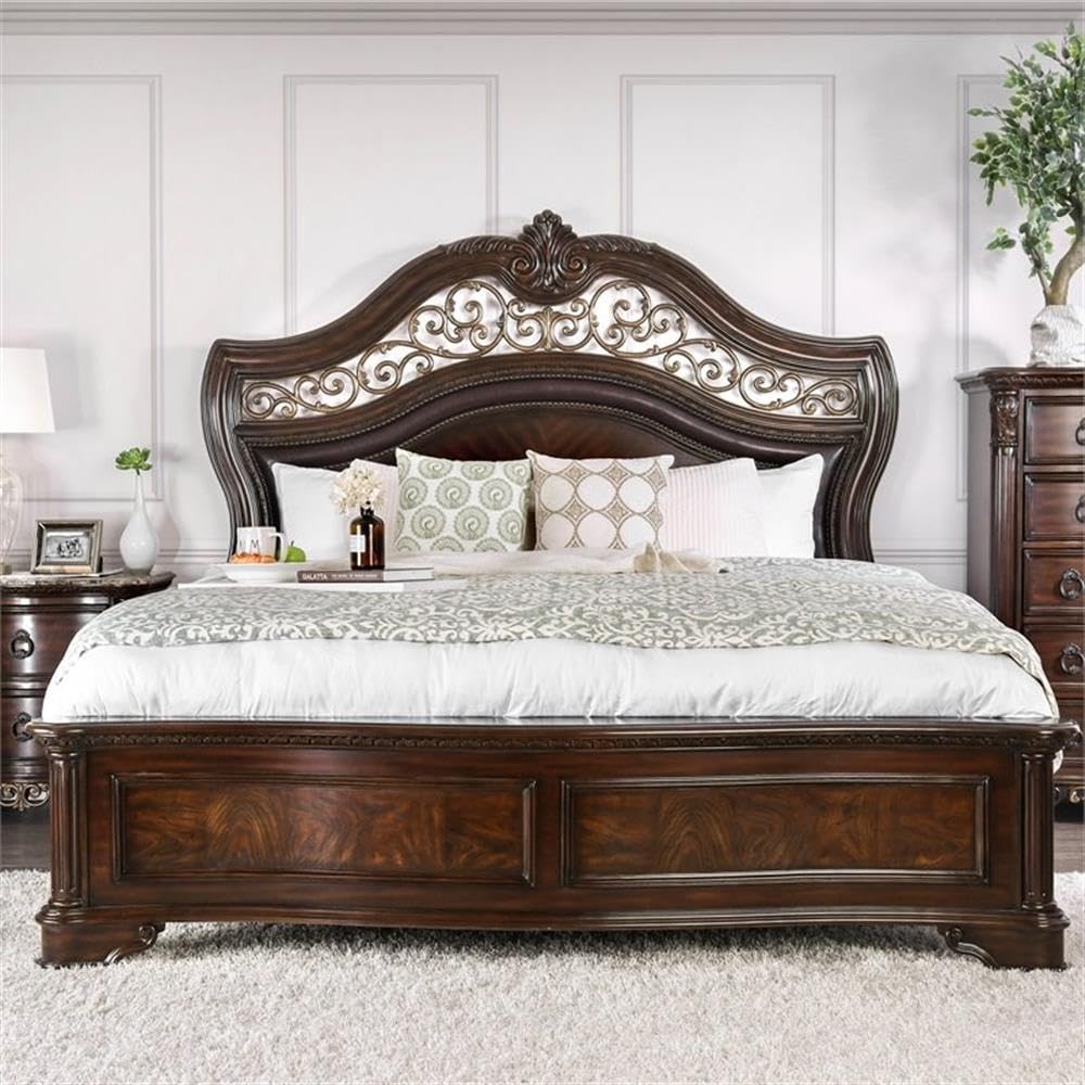 King Wood Panel Bed in Brown Cherry F977097