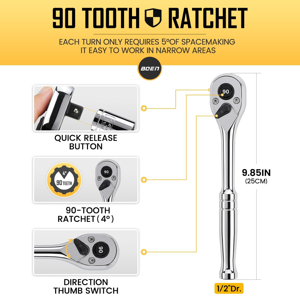 225PCS Mechanic Tool Set, 1/4" & 3/8" & 1/2" Drive Socket Wrench Set, Metric and Standard with 90-Tooth Ratchet L902825