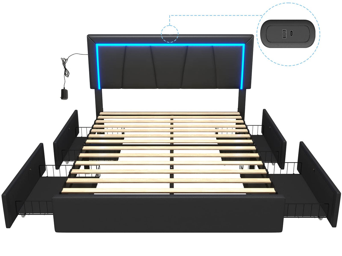 Full Size Upholstered Platform Bed Frame with Headboard and 4 Storage Drawers Q721000