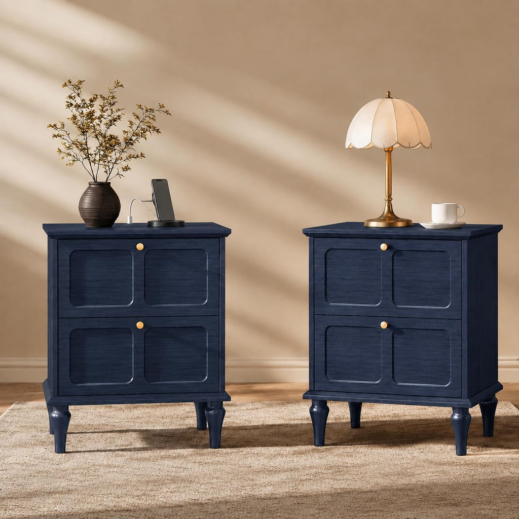 Blue Wood Nightstands Set of 2 with 2 Drawers R914