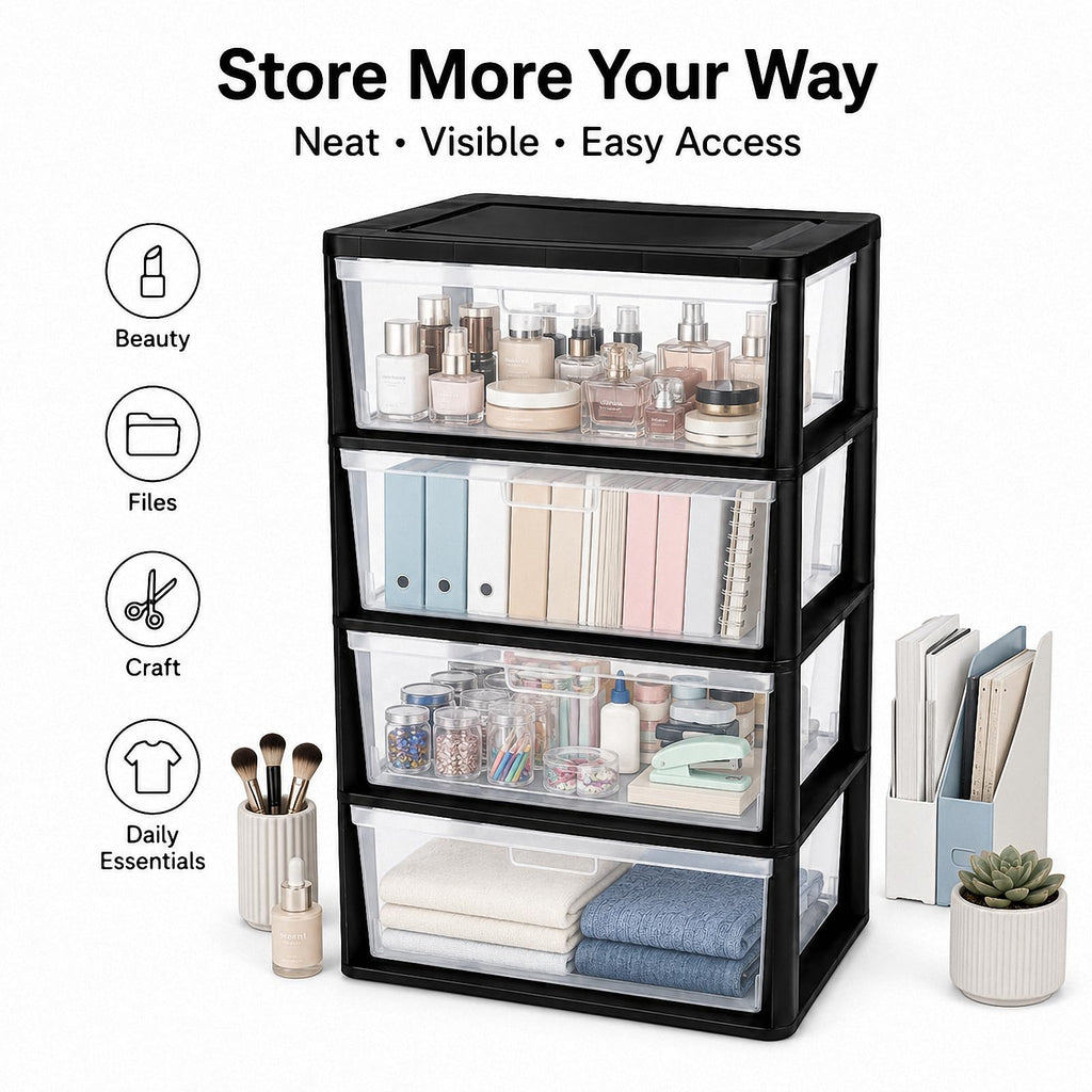 Black 4 Drawer Storage Organizer Tower with Clear Removable Bins B756