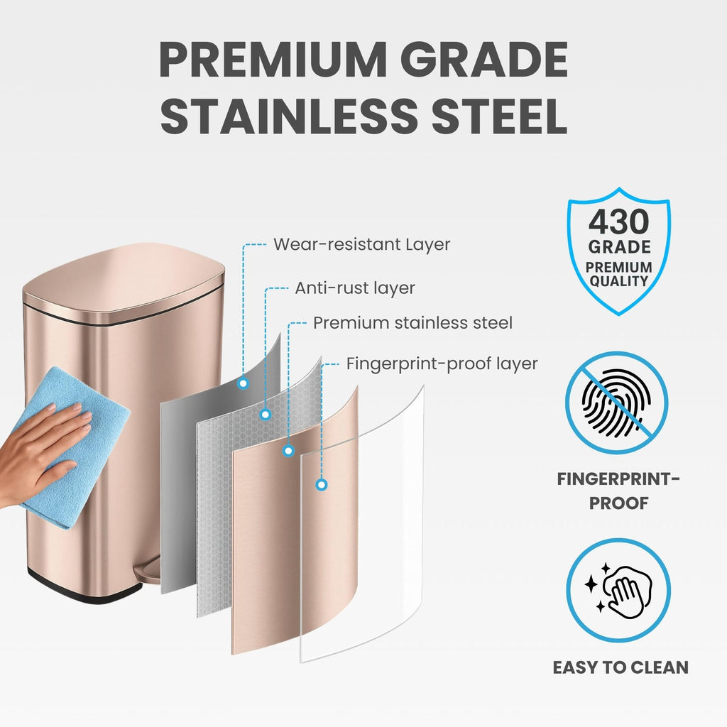 13.2 Gallon Rose Gold Stainless Steel Step Trash Can W143199
