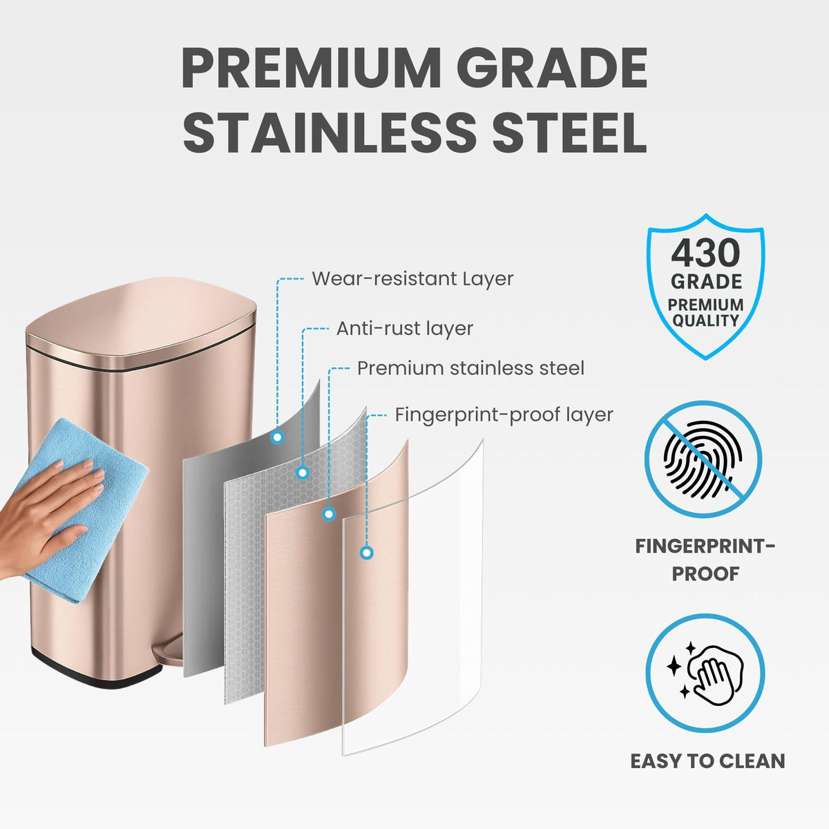 13.2 Gallon Rose Gold Stainless Steel Step Trash Can W143199