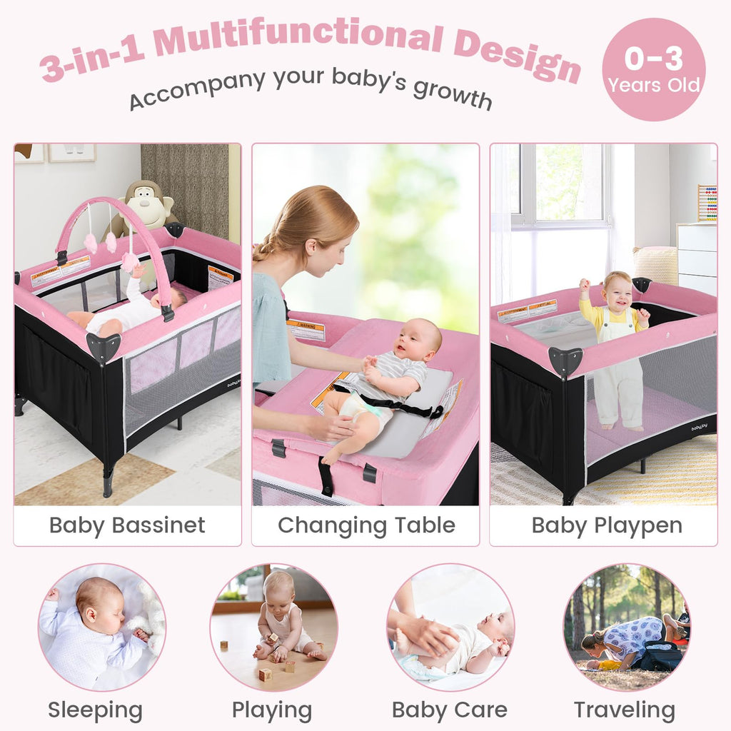 3 in 1 Pink Pack and Play Baby Crib Bassinet X680
