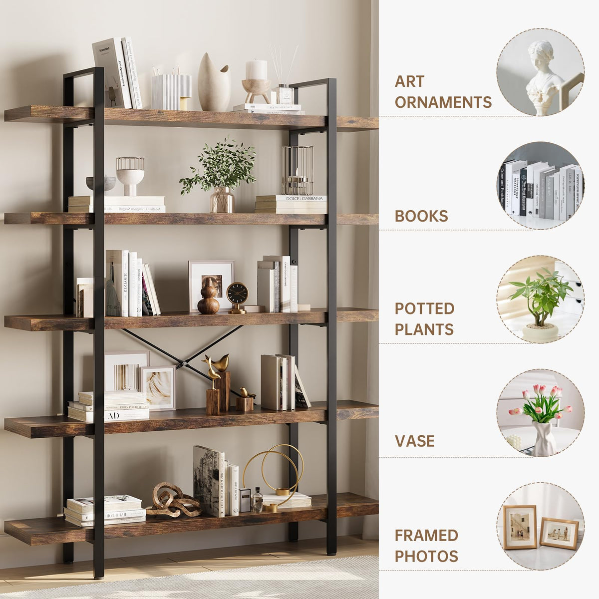 5 Tier Rustic Open Bookshelf S3273