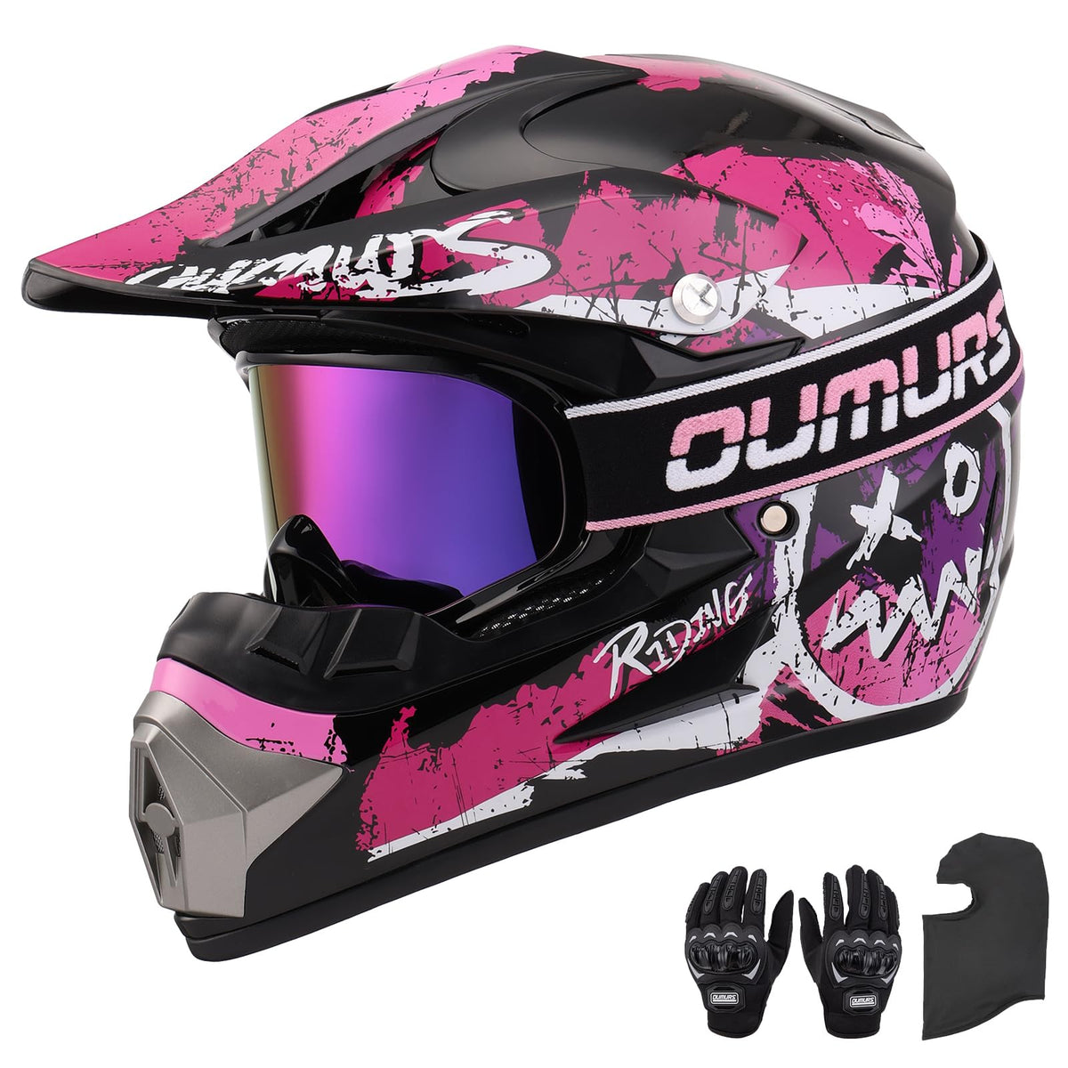 Adjustable Sun Visor Adult ATV Dirt Bike Helmet with Goggles Gloves & Mask J5616