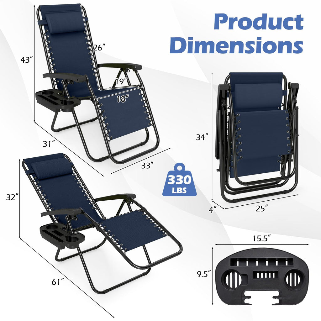 Zero Gravity Chairs Set of 2 Portable Folding Lounger with Pillow Cup Holder X2884