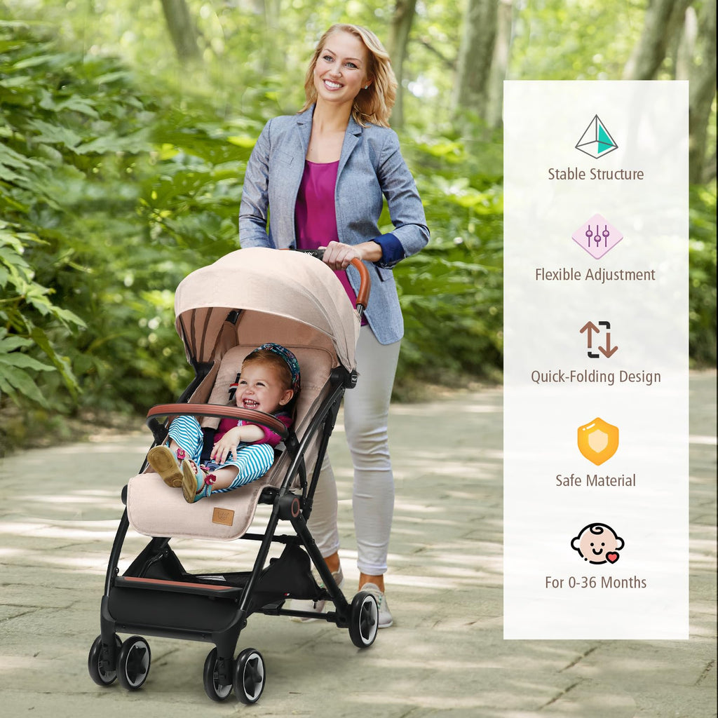 Lightweight Compact Baby Stroller with 5-Point Harness and Storage Basket, Beige S3321