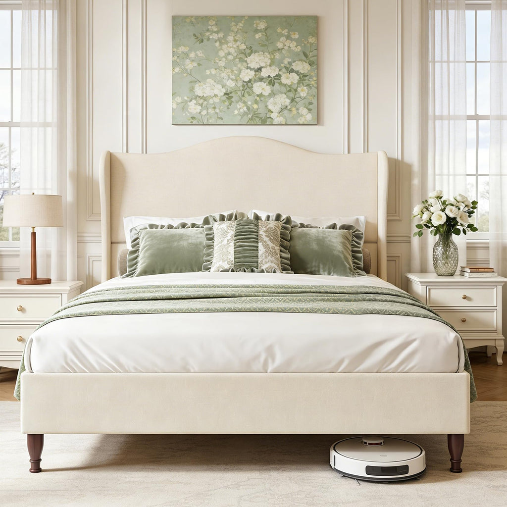 Queen Size Fabric Upholstered Platform Bed with Wooden Slats Z899344