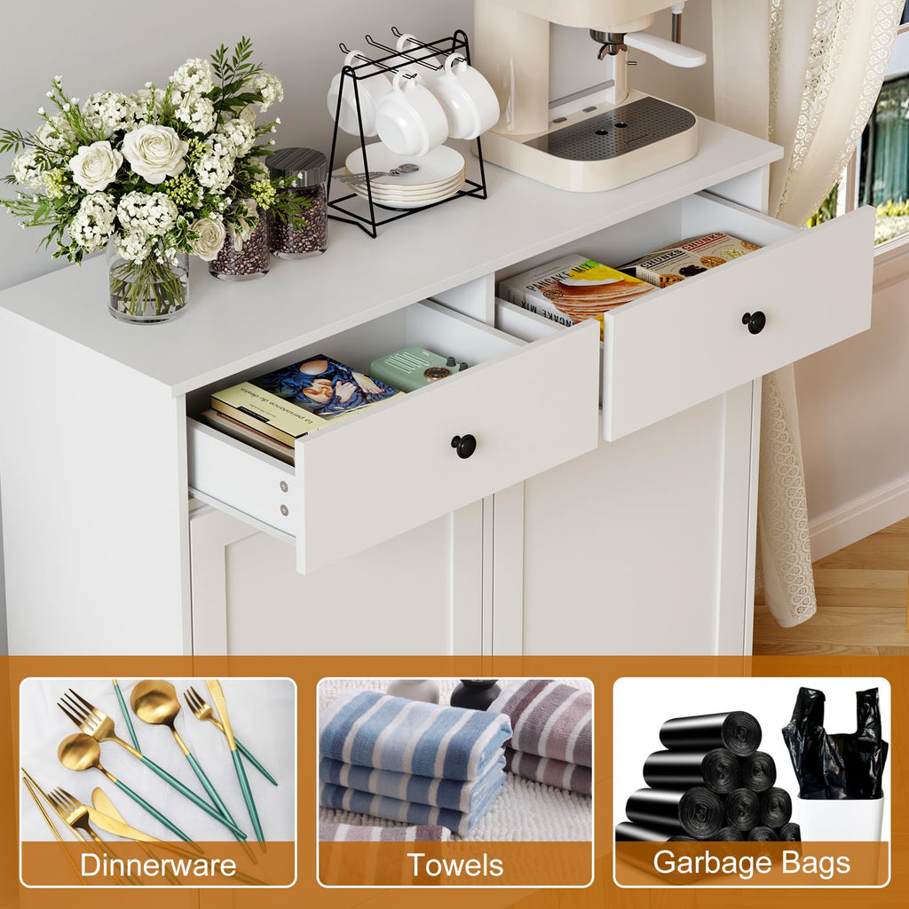White 20 Gallons Wooden Tilt Out Trash Can Cabinet with 2 Drawers U52772