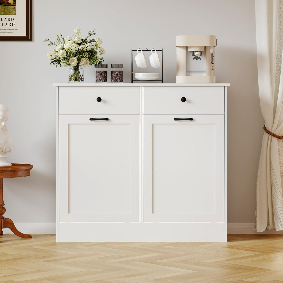 White 20 Gallons Wooden Tilt Out Trash Can Cabinet with 2 Drawers U52772