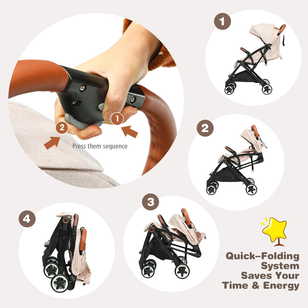Lightweight Compact Baby Stroller with 5-Point Harness and Storage Basket, Beige S3321