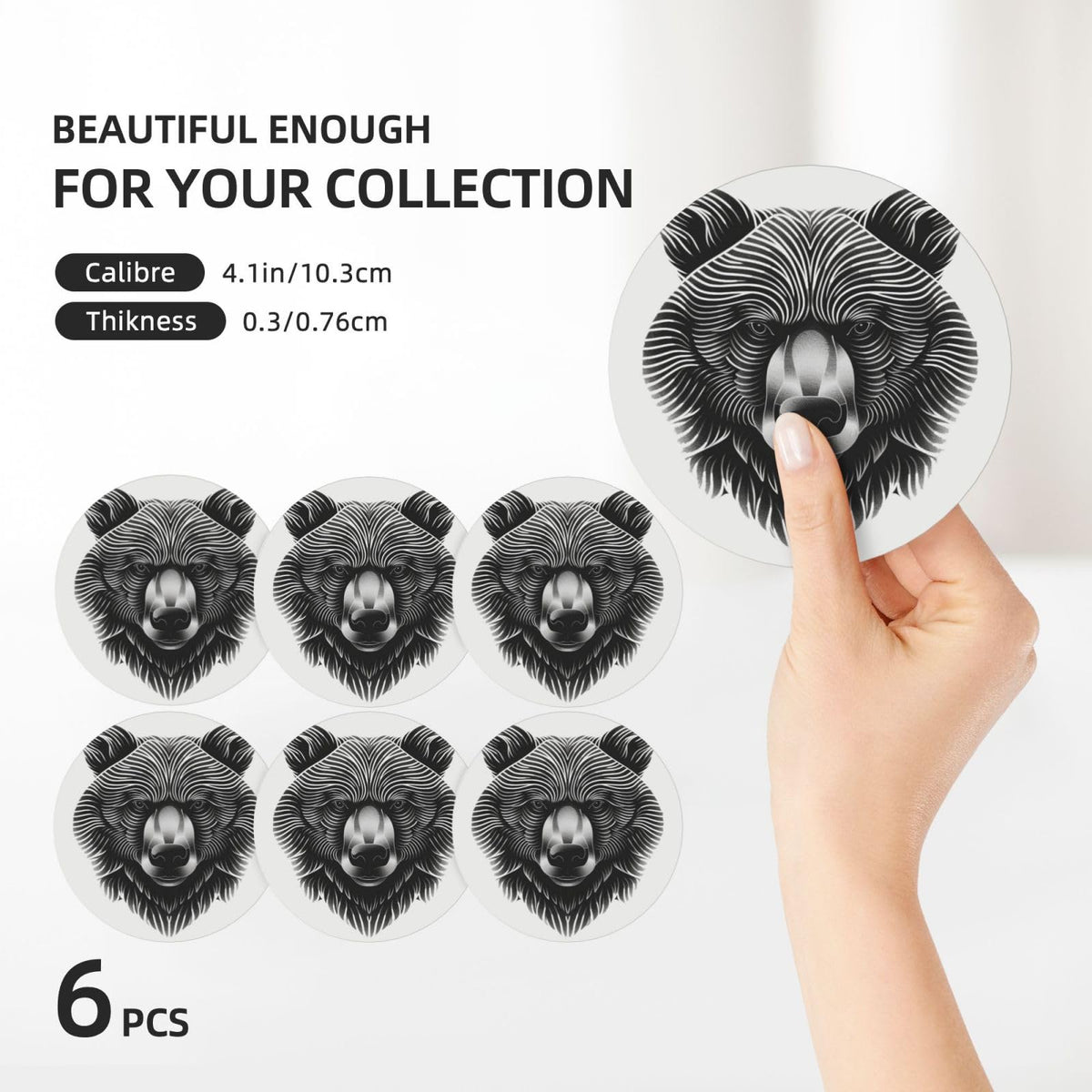Black and White Bear Head Ceramic Coasters Set of 6 D98933