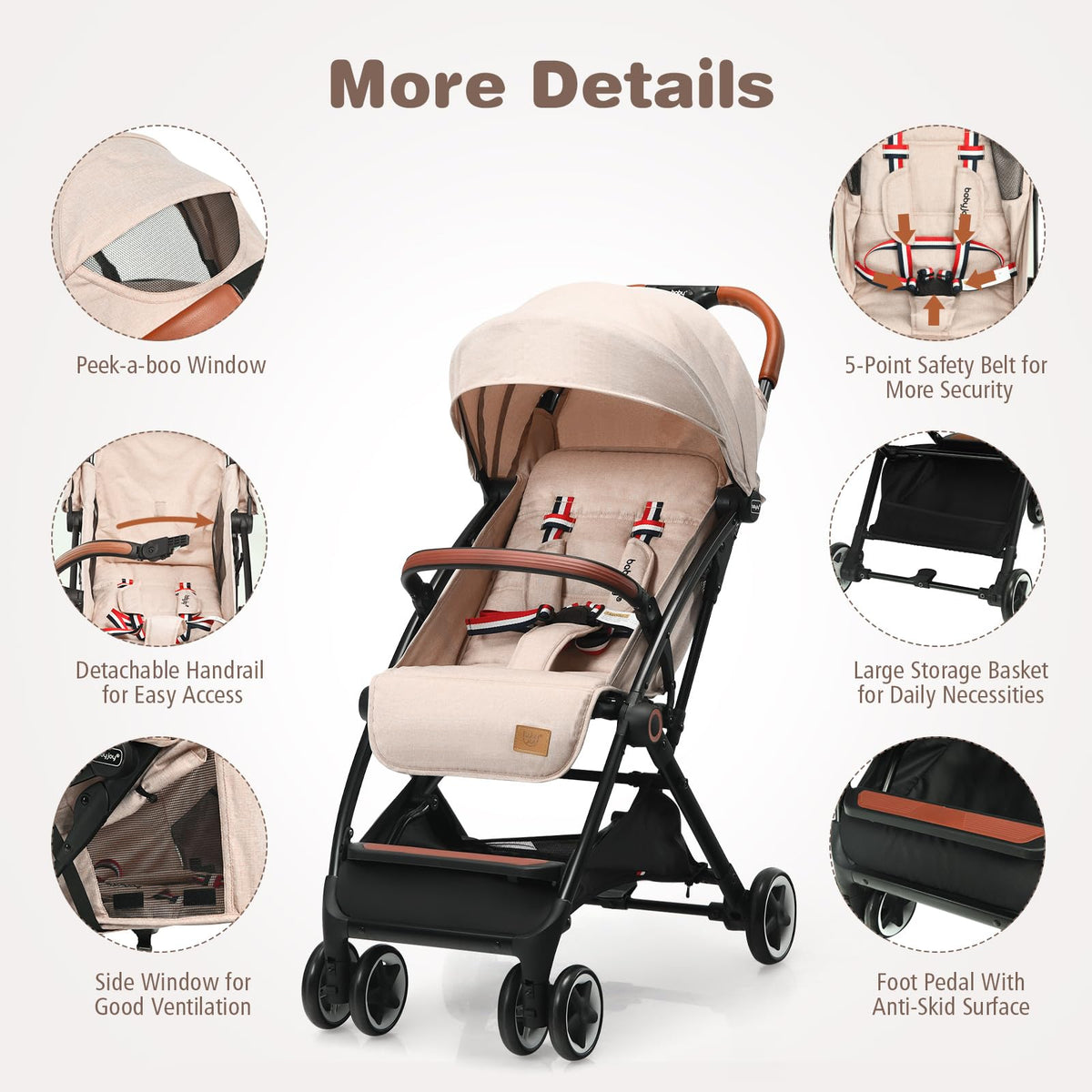 Lightweight Compact Baby Stroller with 5-Point Harness and Storage Basket, Beige S3321
