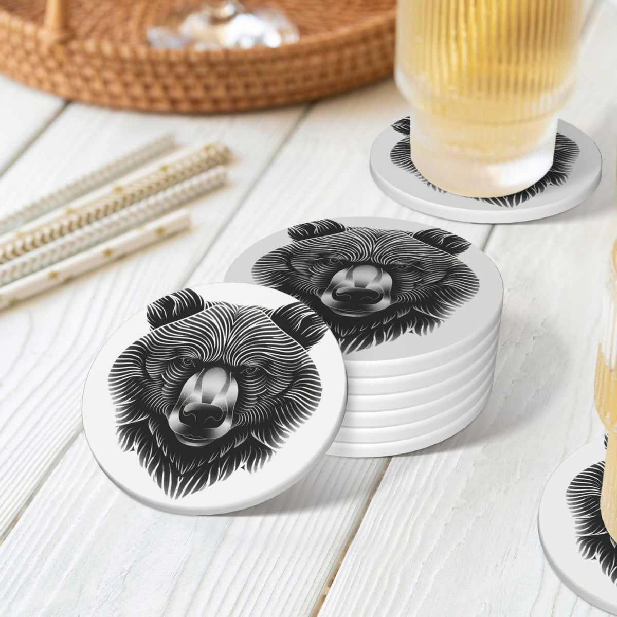 Black and White Bear Head Ceramic Coasters Set of 6 D98933