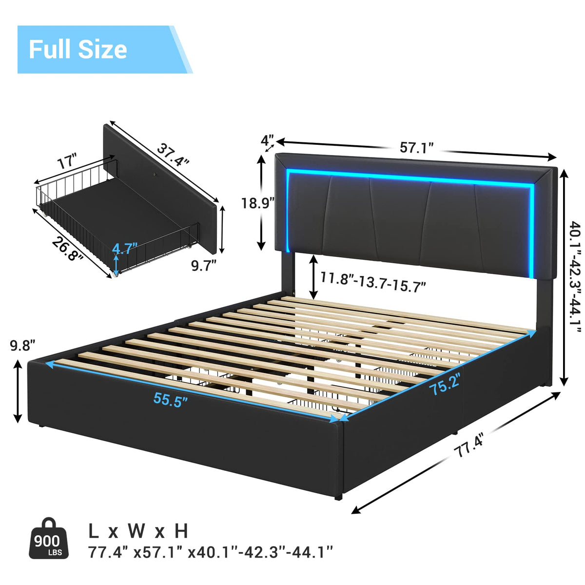 Full Size Upholstered Platform Bed Frame with Headboard and 4 Storage Drawers Q721000