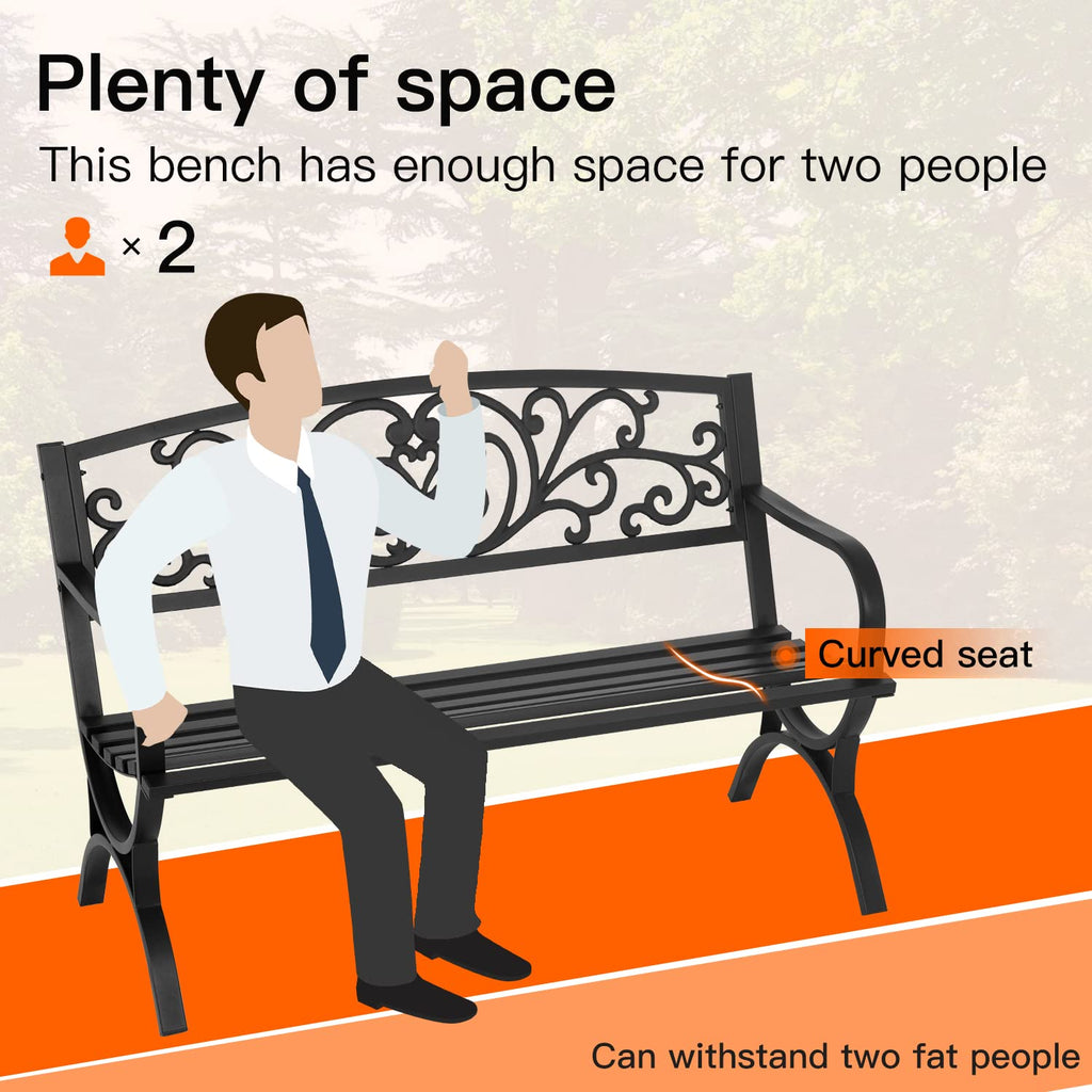 50 inch Black Metal Patio Garden Bench with Armrests P65877