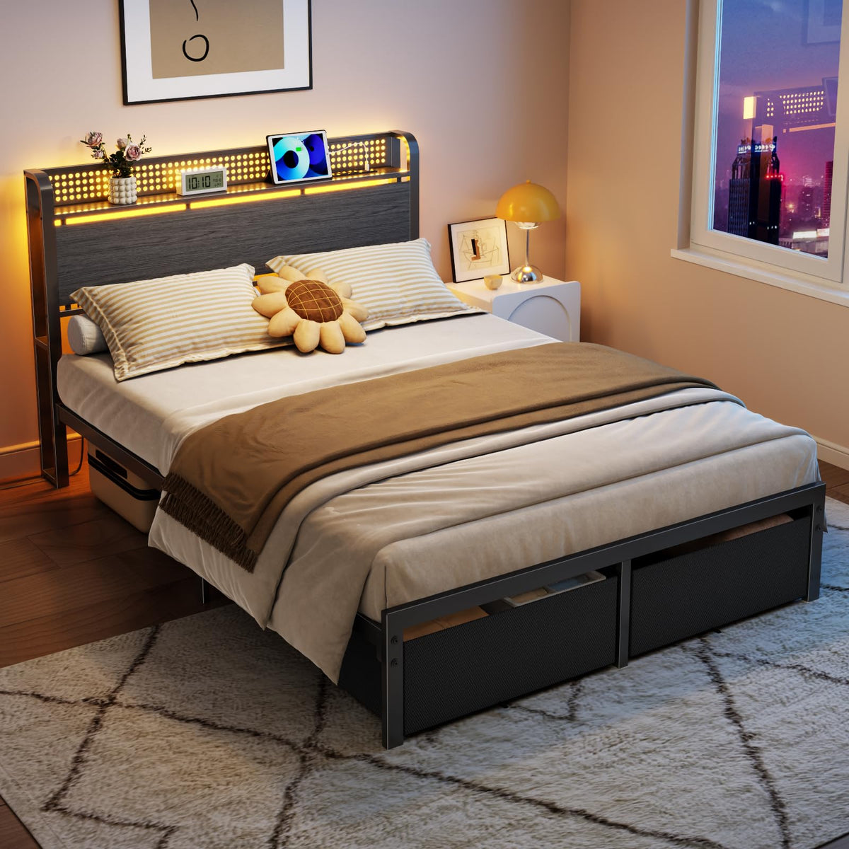 Full Size Bed Frame with Headboard, Charging Station, 2 Storage Drawers F868318