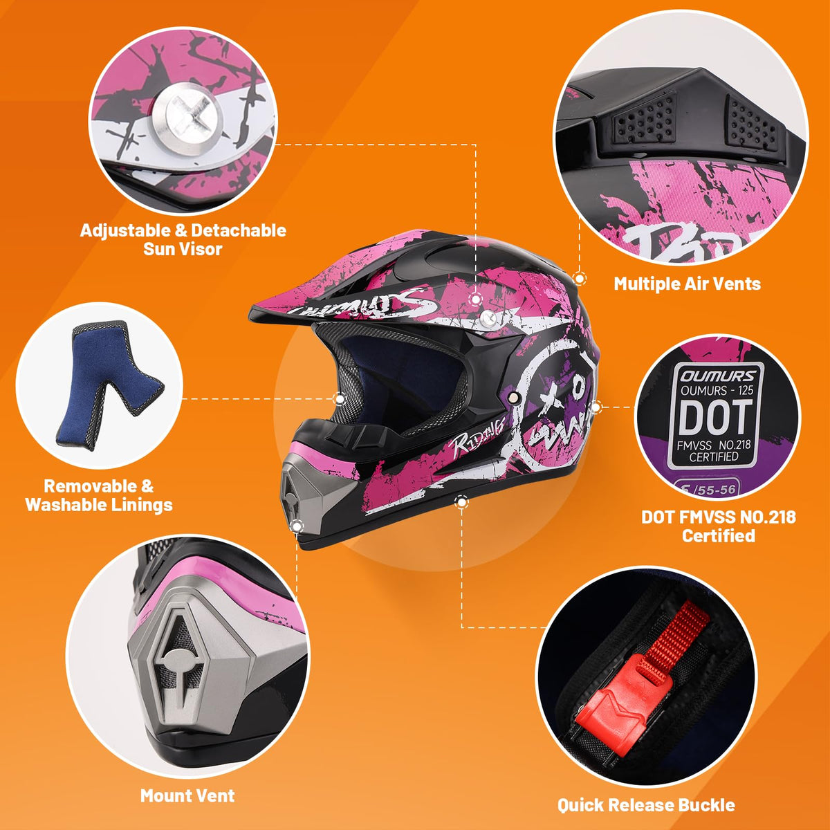 Adjustable Sun Visor Adult ATV Dirt Bike Helmet with Goggles Gloves & Mask J5616