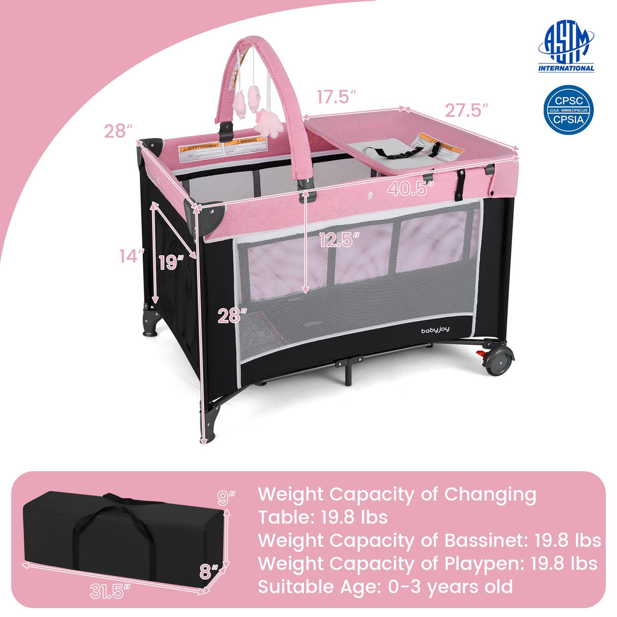 3 in 1 Pink Pack and Play Baby Crib Bassinet X680