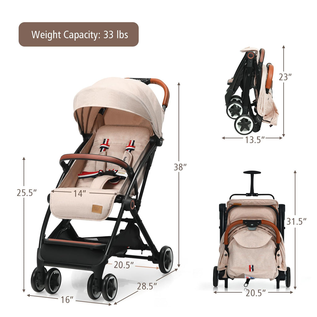 Lightweight Compact Baby Stroller with 5-Point Harness and Storage Basket, Beige S3321