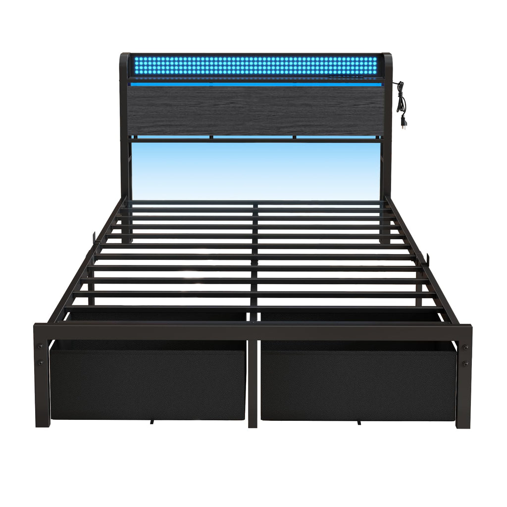 Full Size Bed Frame with Headboard, Charging Station, 2 Storage Drawers F868318