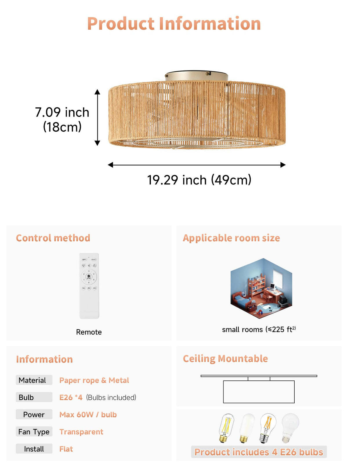 20" Rattan Ceiling Fan with Lights T456