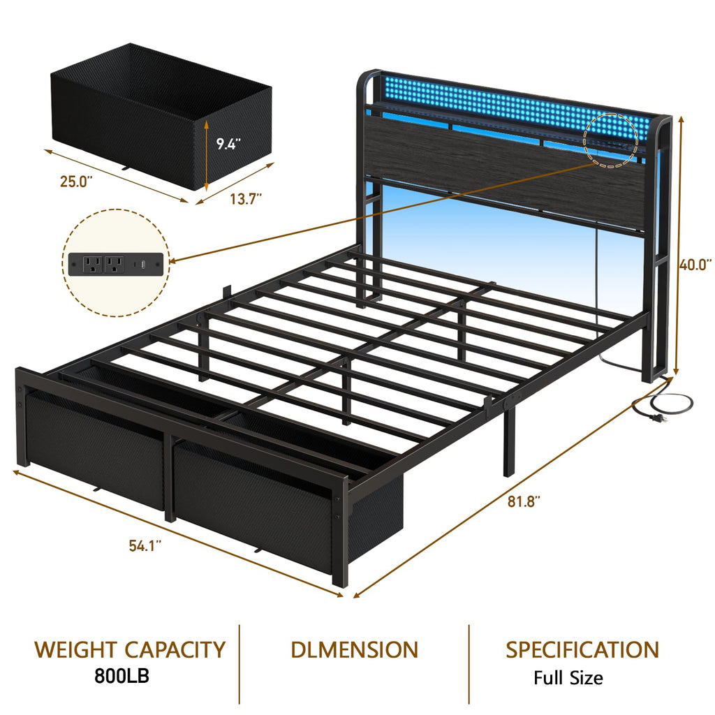 Full Size Bed Frame with Headboard, Charging Station, 2 Storage Drawers F868318