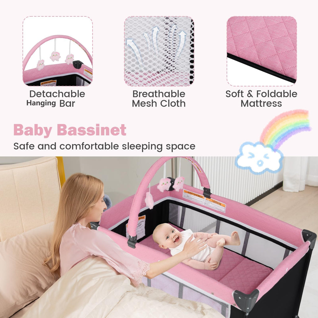 3 in 1 Pink Pack and Play Baby Crib Bassinet X680