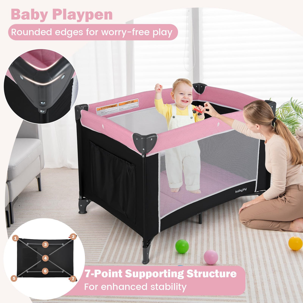 3 in 1 Pink Pack and Play Baby Crib Bassinet X680