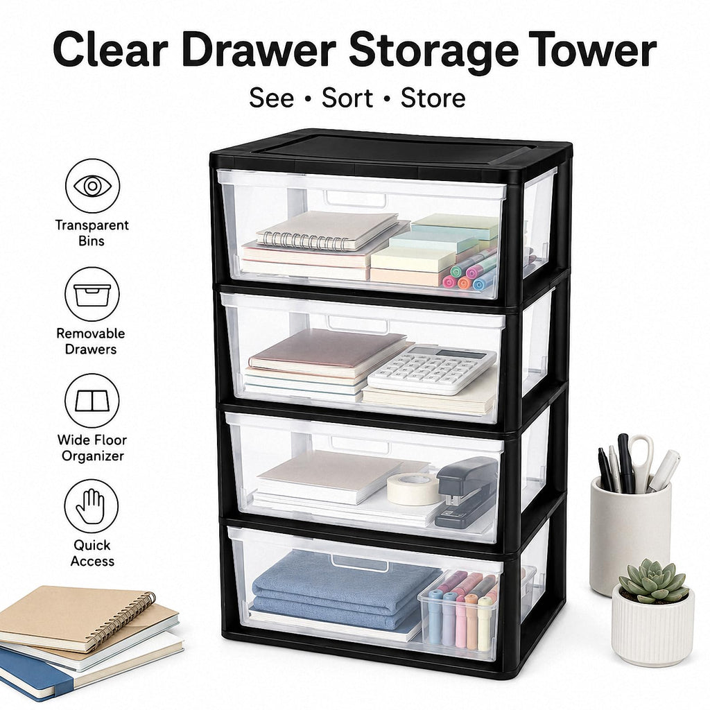 Black 4 Drawer Storage Organizer Tower with Clear Removable Bins B756