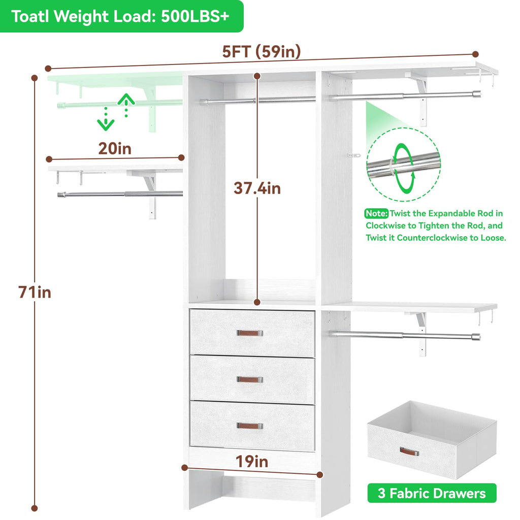 5FT Closet System with 3 Fabric Drawers D7403