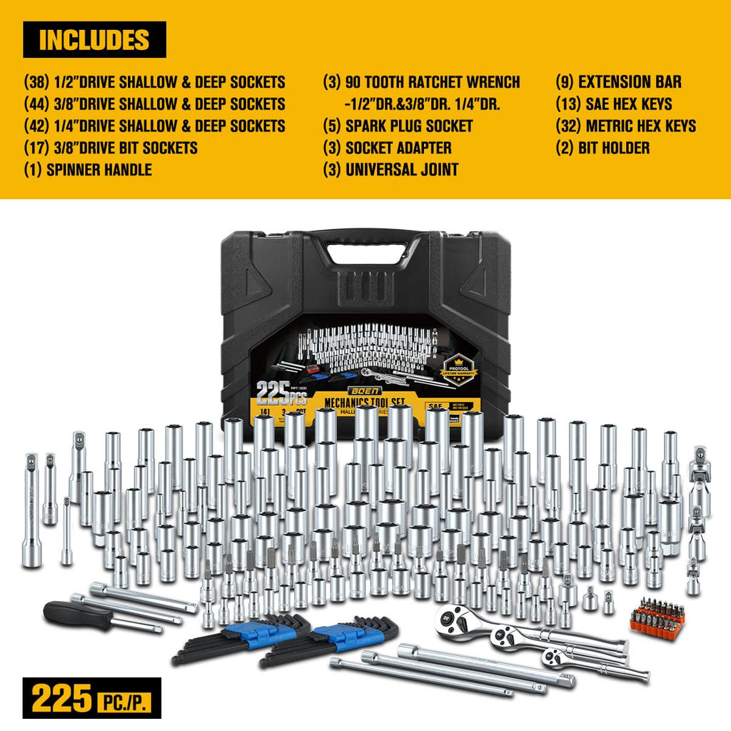 225PCS Mechanic Tool Set, 1/4" & 3/8" & 1/2" Drive Socket Wrench Set, Metric and Standard with 90-Tooth Ratchet L902825