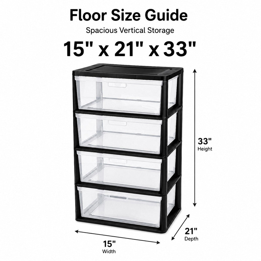 Black 4 Drawer Storage Organizer Tower with Clear Removable Bins B756