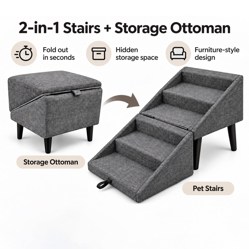 Foldable Dog Stairs Ottoman 2 in 1 Pet Steps with Storage D4013