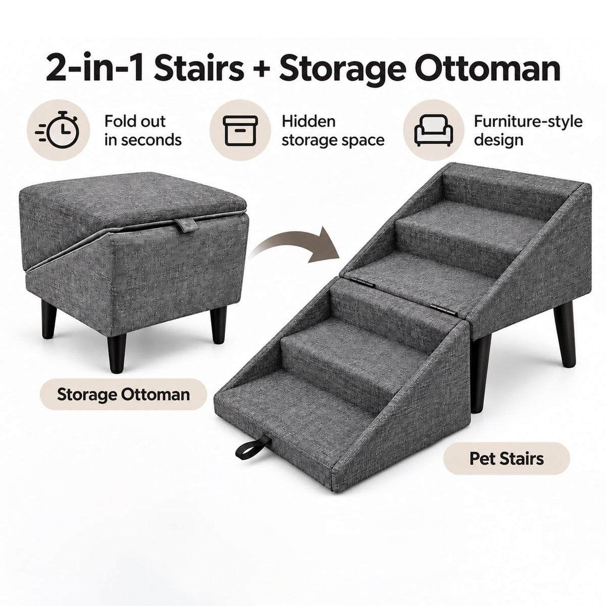 Foldable Dog Stairs Ottoman 2 in 1 Pet Steps with Storage D4013