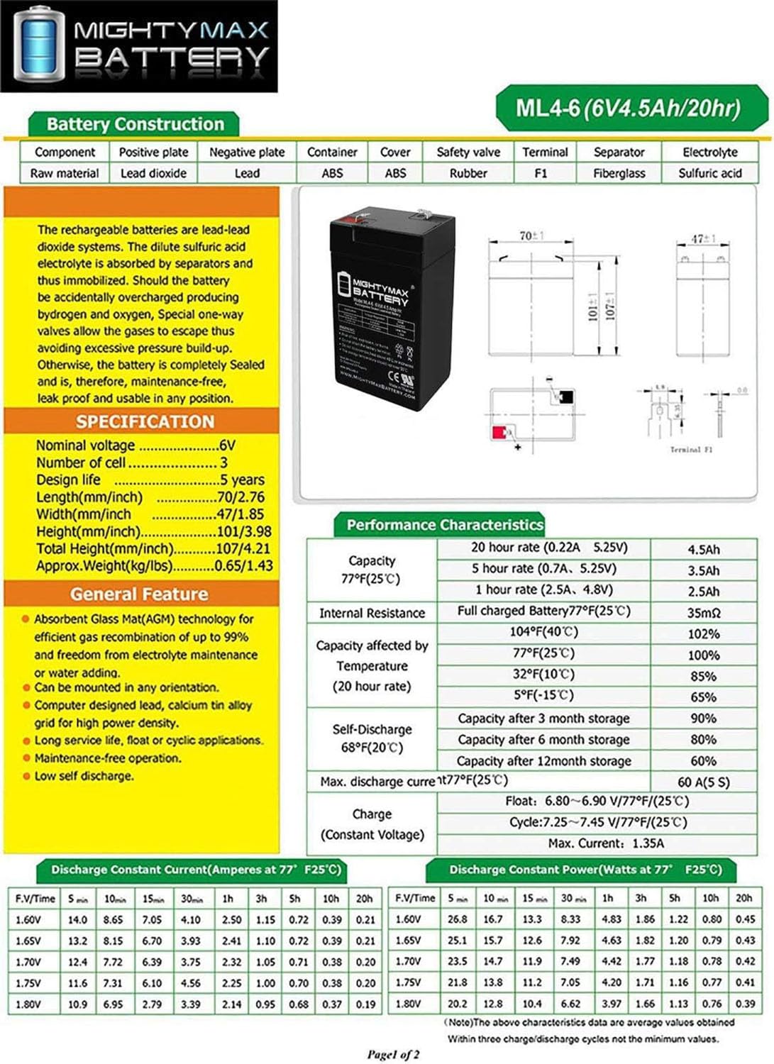 6V 4.5AH SLA Replacement Battery 2 Pack Z538