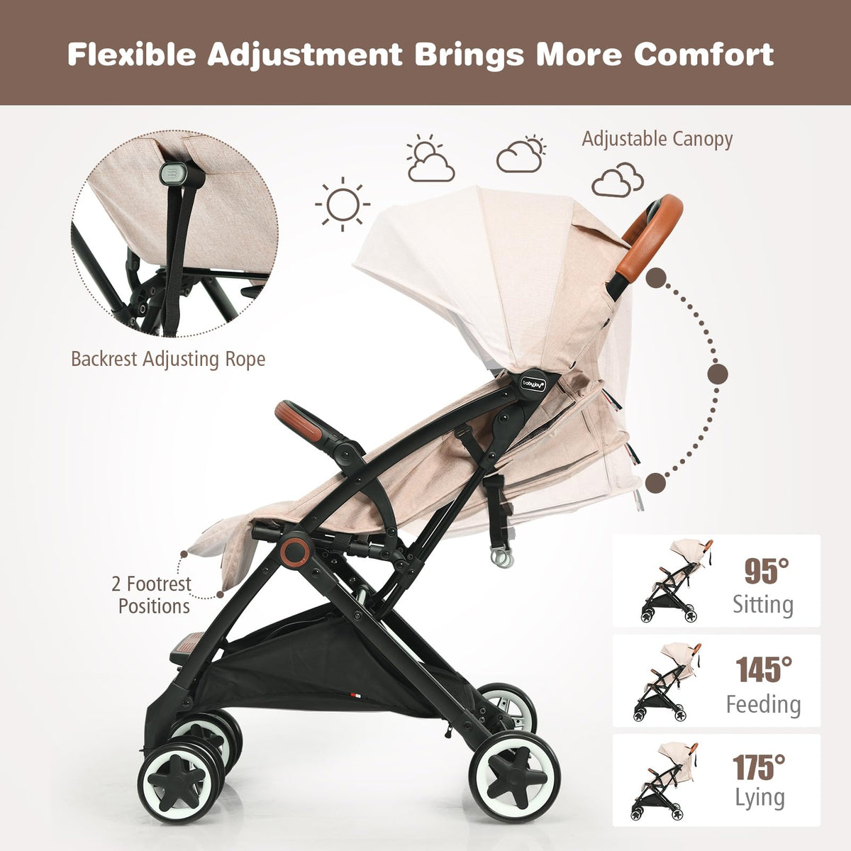Lightweight Compact Baby Stroller with 5-Point Harness and Storage Basket, Beige S3321