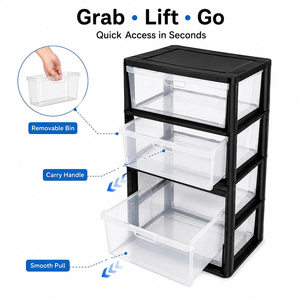 Black 4 Drawer Storage Organizer Tower with Clear Removable Bins B756
