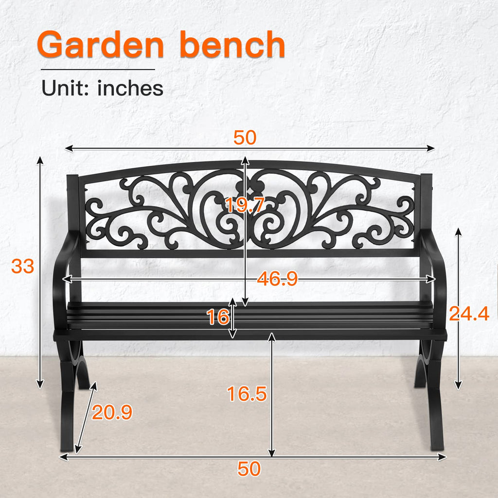 50 inch Black Metal Patio Garden Bench with Armrests P65877