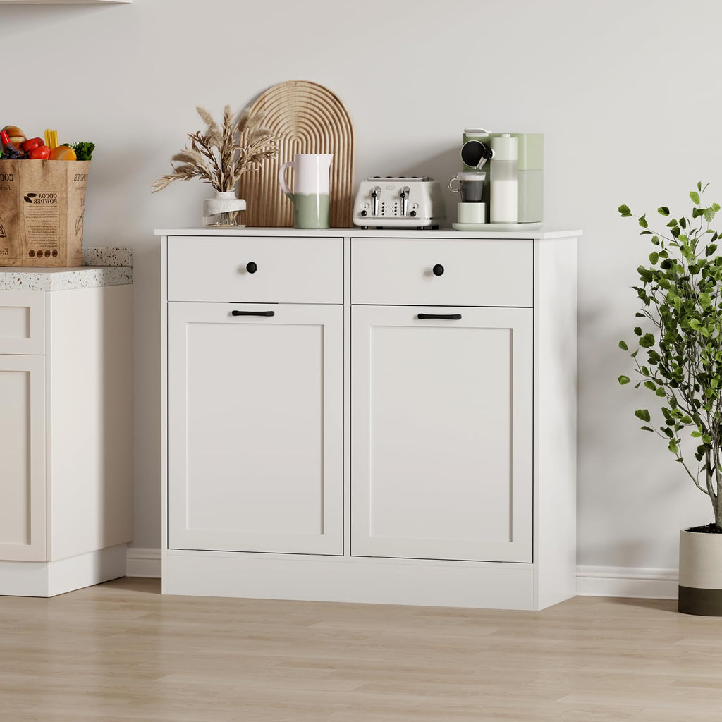 White 20 Gallons Wooden Tilt Out Trash Can Cabinet with 2 Drawers U52772