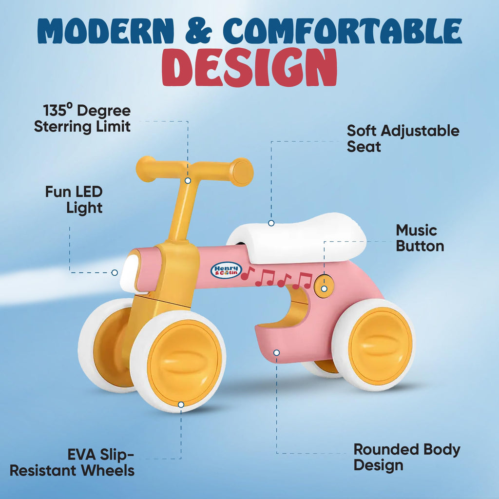 4 Wheel Toddler Balance Bike with Lights Music Soft Seat Pink D171605