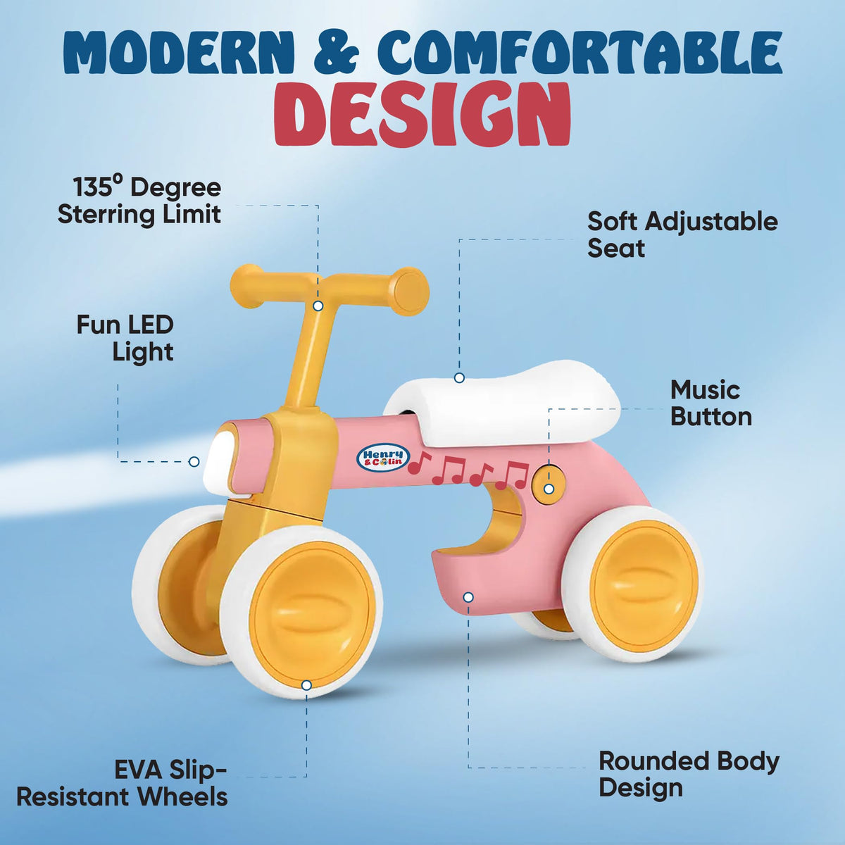 4 Wheel Toddler Balance Bike with Lights Music Soft Seat Pink D171605