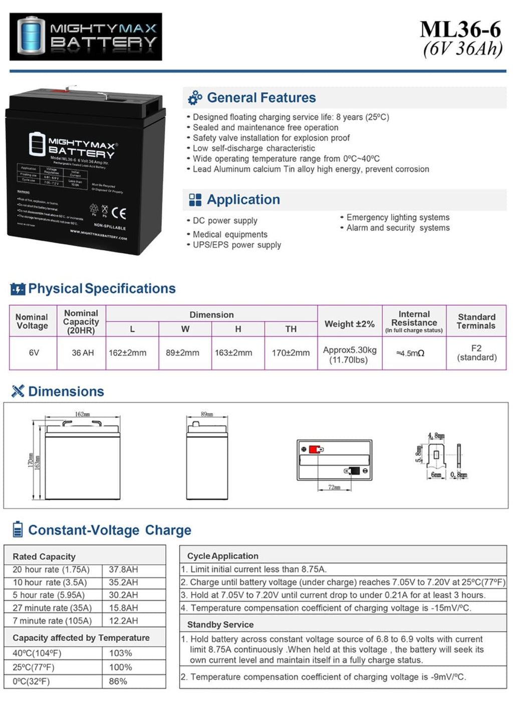 6V 36Ah AGM F2 Terminal Battery S72247