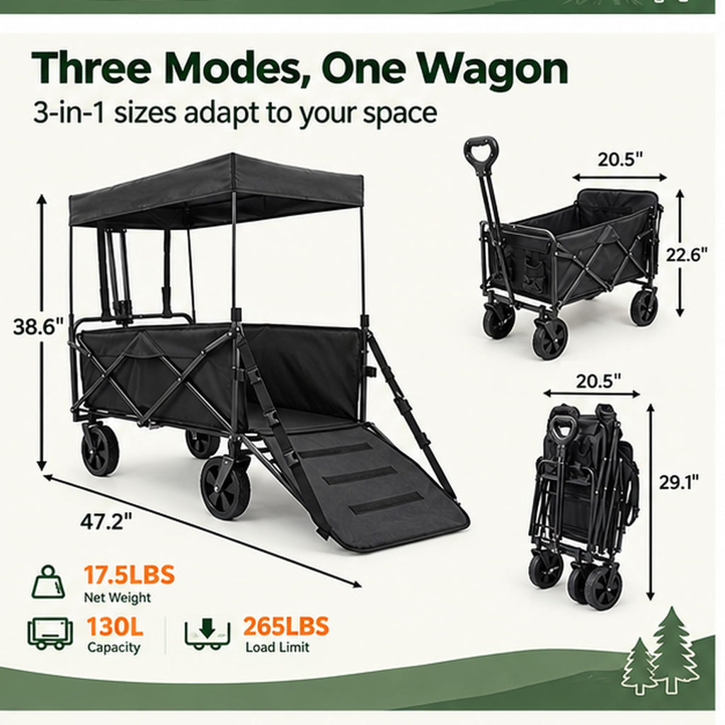 Large Dog Wagon Cart with Canopy, All-Terrain Wheels, Ramp Tailgate G903678
